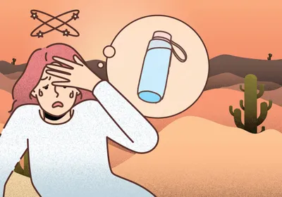 A woman feels discomfort while she is thirsty (left), but she feels refreshed and rejuvenated when she has her first sip of water (right).
